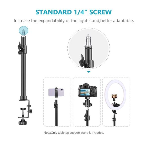 Tabletop Light/Clip Stand w/ 1/4 inch Screw for Ring Light 12.5-20.6 inches - Picture 2 of 12